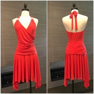 Orange, halter neck, cocktail dress.